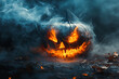 © VicenSanh - A pumpkin with a scary face and flames coming out of it. The pumpkin is surrounded by smoke and leaves