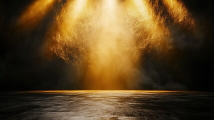 Aufkleber - Abstract background featuring golden light rays on a dark, textured wall with an illuminated floor and a central spotlight, creating a dramatic atmosphere and offering a minimalistic, empty scene idea