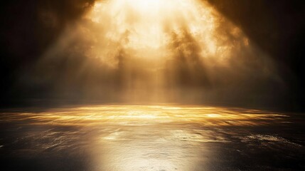 Aufkleber - Abstract background featuring golden light rays on a dark, textured wall with an illuminated floor and a central spotlight, creating a dramatic atmosphere and offering a minimalistic, empty scene idea