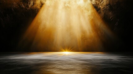 Aufkleber - Abstract background featuring golden light rays on a dark, textured wall with an illuminated floor and a central spotlight, creating a dramatic atmosphere and offering a minimalistic, empty scene idea