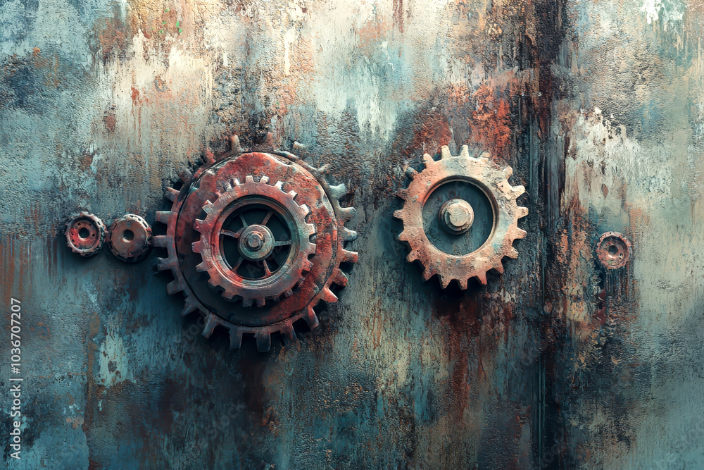 Two rusty gears are shown in a blue and gray background. The gears are ...