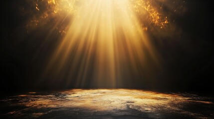 Aufkleber - Abstract background featuring golden light rays on a dark, textured wall with an illuminated floor and a central spotlight, creating a dramatic atmosphere and offering a minimalistic, empty scene idea