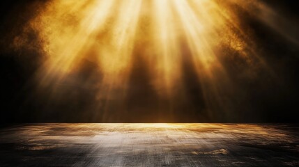 Aufkleber - Abstract background featuring golden light rays on a dark, textured wall with an illuminated floor and a central spotlight, creating a dramatic atmosphere and offering a minimalistic, empty scene idea