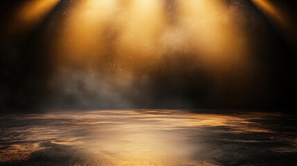 Aufkleber - Abstract background featuring golden light rays on a dark, textured wall with an illuminated floor and a central spotlight, creating a dramatic atmosphere and offering a minimalistic, empty scene idea