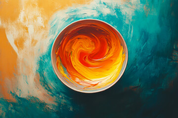 Poster - A bowl of paint with a swirl of yellow and orange colors. The bowl is placed on a blue and yellow background