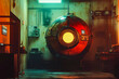 © VicenSanh - A room with a large, glowing sphere in the center. The sphere is surrounded by a yellow light and has a red dot on it. The room is dimly lit and has a futuristic feel to it