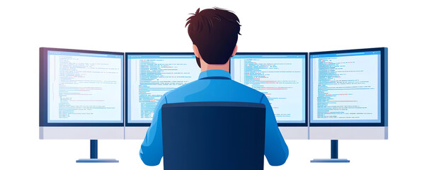 a man working at multiple computer screens with code displayed. transparent background