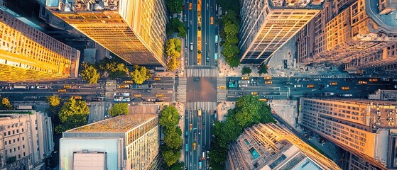 Aerial view of skyscrapers and city streets during sunset.