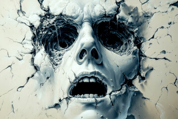 A face with a mouth open and a skull in the background. The skull is surrounded by a wall of rubble