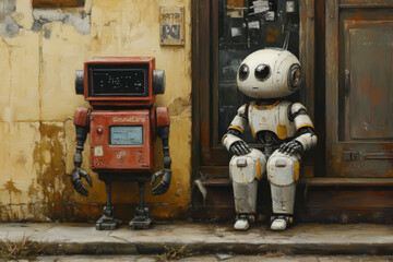 Two robots, one red and one white, sit on a sidewalk. The red robot is holding a small device, while the white robot is sitting on the ground. The scene is a painting, and the mood is somewhat eerie