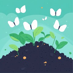 Wall Mural - Big green COS gardening, planting in rich soil, with mini butterflies in a unique scenic view, flat design illustration