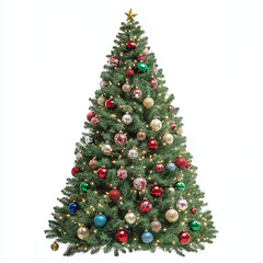 Wall Mural - christmas tree decorated with ornaments and festive lights isolated on white
