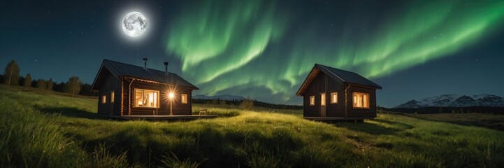 Wooden house with full moon grass northern light in green landscape