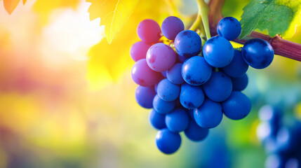 Vibrant blue wine grapes hanging on a vine,