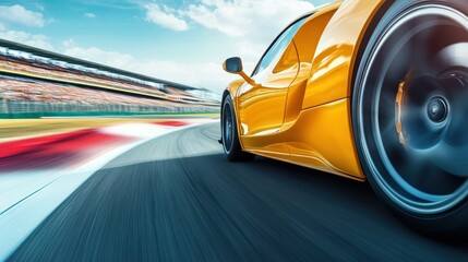 Yellow Sports Car Speeding on a Racetrack