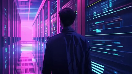 Leinwandbilder - The individual observes rows of servers glowing with neon lights while monitoring data on digital displays, showcasing a scene of advanced technology in action late at night.