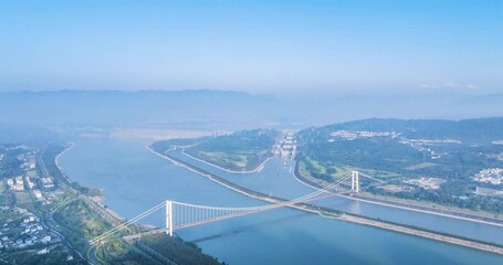 Wall Mural - aerial time lapse video of the three gorges water control project in early morning  , bird's-eye view of the Three Gorges Dam, Three Gorges Ship Lock, and Xiling Yangtze River Bridge ,Yichang, Hubei P