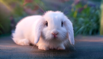 A cute white bunny with floppy ears lying, radiating warmth and calm, surrounded by a soft natural background. Perfect for themes of nature and tranquility