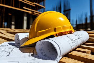 close up view of Yellow safety helmet placed on rolled-up blueprints,