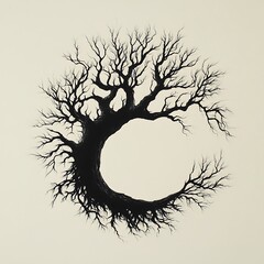 Leinwandbilder - A minimalist black and white illustration of a tree with bare branches forming a circle, symbolizing nature and life.