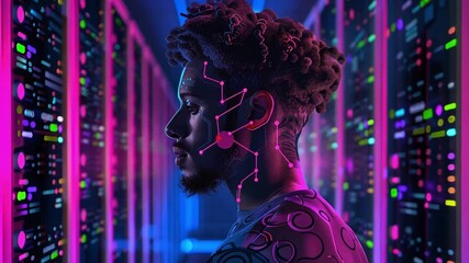 Poster - A young man with intricate designs on his skin poses in a vibrant server room filled with glowing equipment, reflecting a high-tech environment at night.