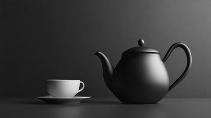 Leinwandbilder - A sleek black kettle stands next to a white cup on a dark table, inviting a moment of calm and relaxation during tea time. Generative AI