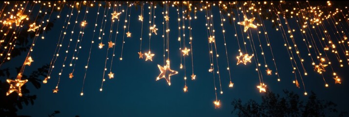 Aufkleber - Twinkling lights hang from above, creating a magical atmosphere against a deep blue sky filled with stars during a joyful holiday night. Generative AI