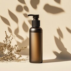 A sleek sunscreen bottle with a pump, isolated on a soft beige background with subtle botanical elements for a modern look