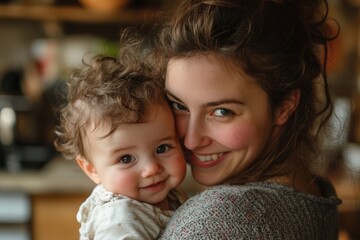 Mother with baby in kitchen, Generative AI