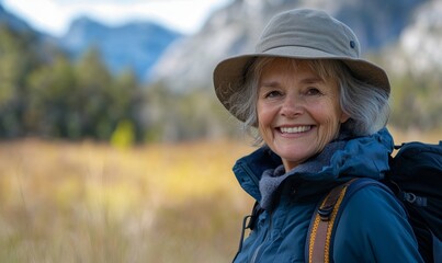 Cheerful senior woman enjoying her hiking trip, Generative AI