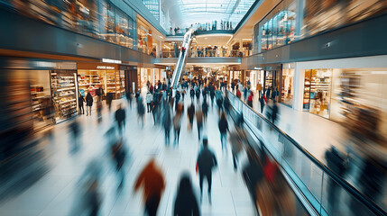 Wall Mural - Abstract blurred photo of many people shopping inside department store or modern shopping mall. Urban lifestyle and black friday shopping concept