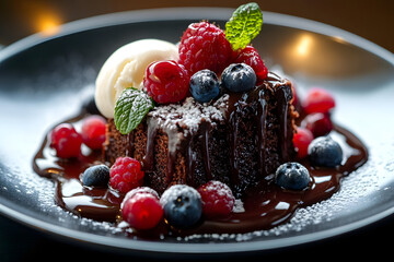 Canvas Print - A mouth watering chocolate brownie in close up macro with vanilla ice cream and berries, dark chocolate sauce. Image for Menu design of bars, cafes, restaurants