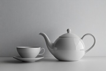 Fototapete - The classic white tea kettle and cup rest on a smooth surface, creating a serene atmosphere perfect for enjoying a warm beverage. Generative AI