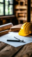 Construction Planning with Hard Hat and Blueprints on a Wooden Desk