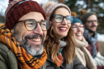 Group of friends having fun in the park on a winter day.