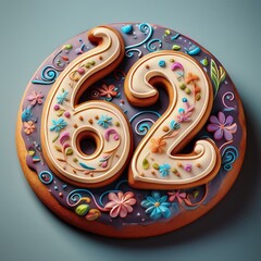 Decorated cookie, number 62, illustration for birthday or anniversary celebration