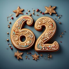 Decorated cookie, number 62, illustration for birthday or anniversary celebration