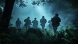 © Ayan BaBa - Special forces team moving stealthily through moonlit forest during covert military operation with rifles and gear