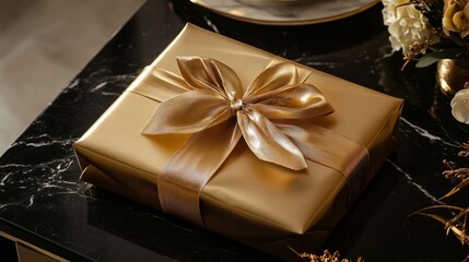 A luxury present tied with a shiny gold bow rests beautifully on a black marble table