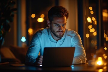 Entrepreneur working late: Businessman analyzing market research on his laptop and computer, Generative AI