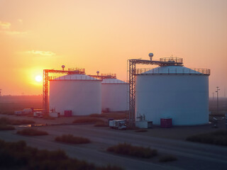 Three white industrial tanks at sunset with trucks parked nearby