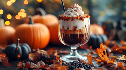 Poster - A festive Halloween coffee cocktail served in a glass, surrounded by pumpkins and autumn leaves, set against a bokeh-lit background for a spooky and fun celebration