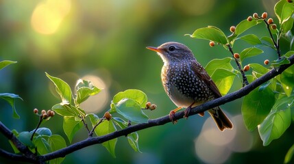 Wall Mural - A small brown and white bird perched on a branch with green leaves and sunlight in the background.