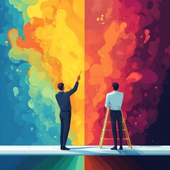 Two Businessmen Looking at Different Colored Abstract Backgrounds