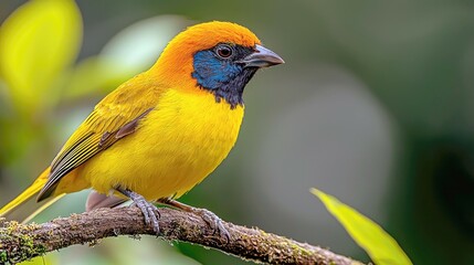 Wall Mural - A small yellow and blue bird perched on a branch.