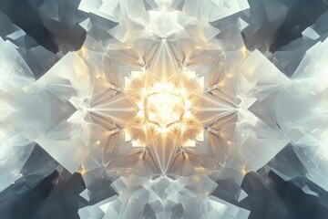 Fototapete - The artwork features symmetrical geometric shapes reminiscent of snowflakes, glowing softly in intricate detail and design. Generative AI