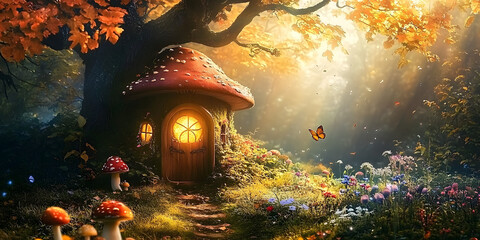 Canvas Print - Enchanting forest with fairy tale qualities, including a magical window, mushroom gnome house, autumn tree, flower garden, butterfly, and sparkling, Generative AI