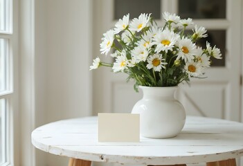 Daisy flower in the beautiful vase on the light white wood table with vintage background in the living room french style bright light from the window