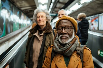 Portrait of a senior couple in a subway station, looking at the camera.