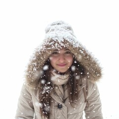 Beautiful young woman with brown hair wearing warm winter clothes smiling under falling snow